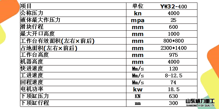 400噸四柱液壓機(jī)技術(shù)參數(shù)